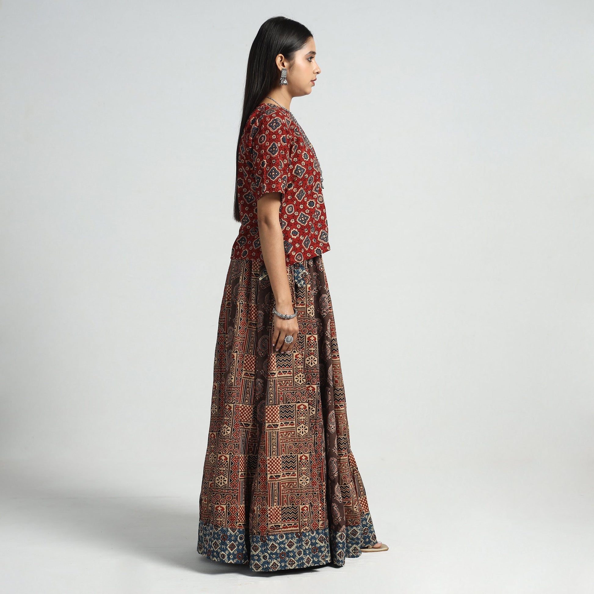 Brown - 24 Kali Patchwork Block Printed Cotton Ajrakh Skirt