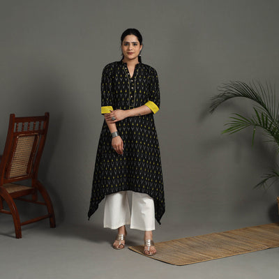 Black - Mercerised Cotton A-Line Pochampally Ikat Kurta 21