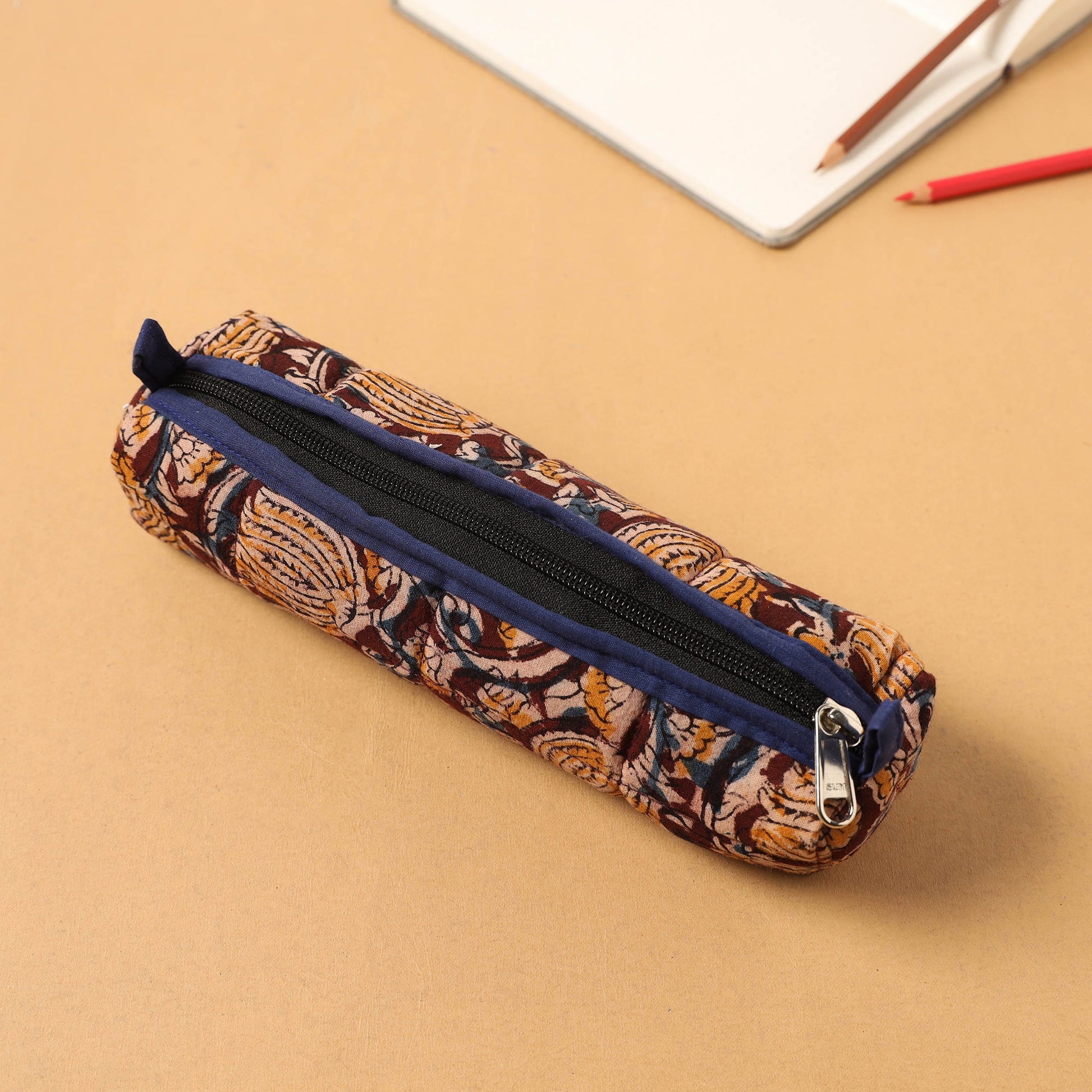 Brown - Handcrafted Quilted Cotton Pencil Pouch 04