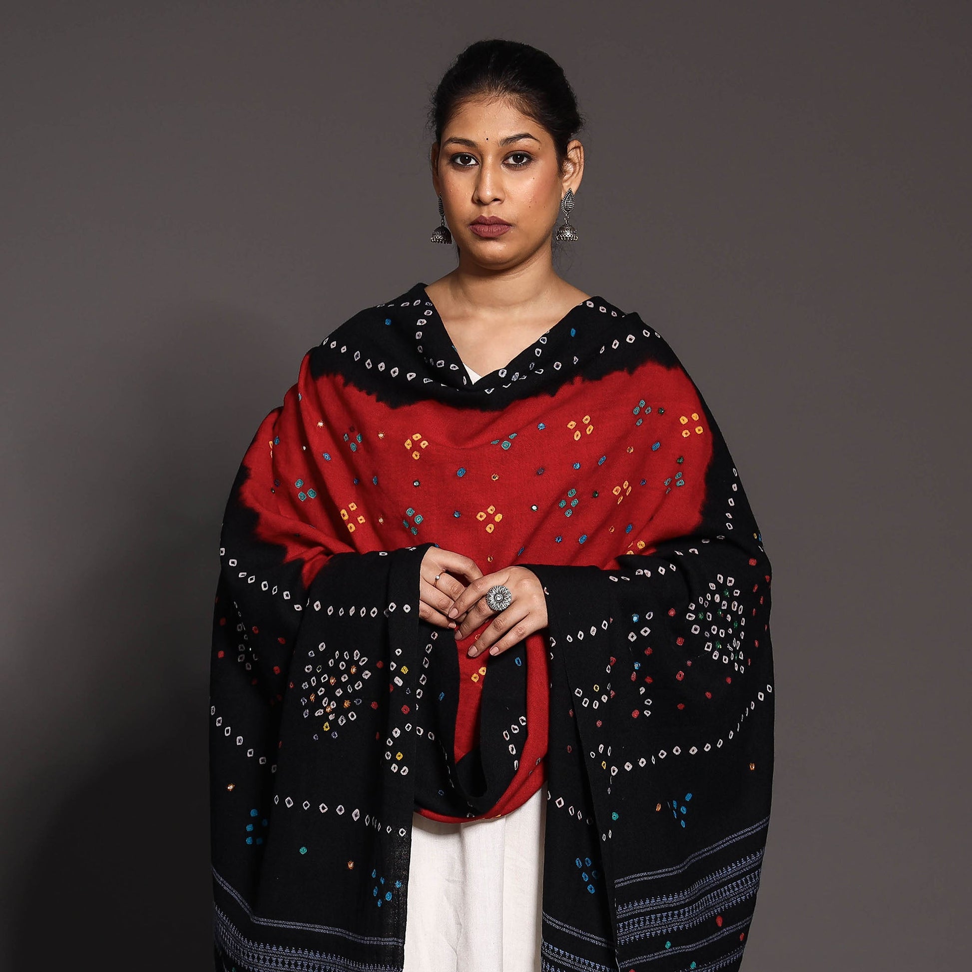 Black - Kutch Mirror Work Handwoven Bandhani Tie-Dye Woolen Shawl