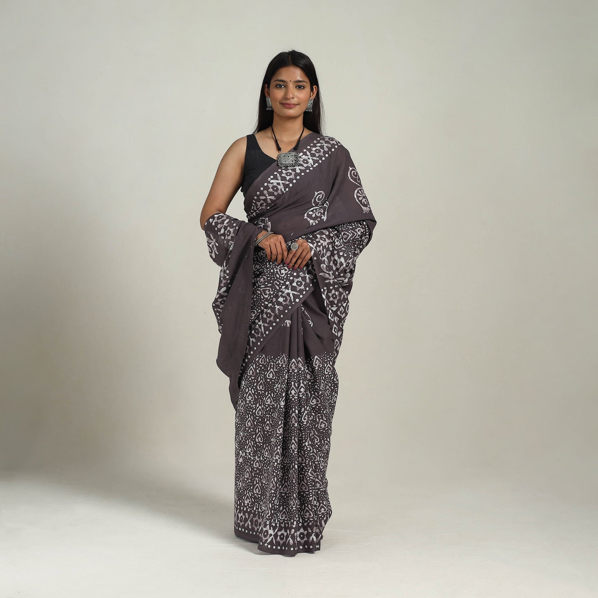 Brown - Cotton Hand Batik Print Saree 07