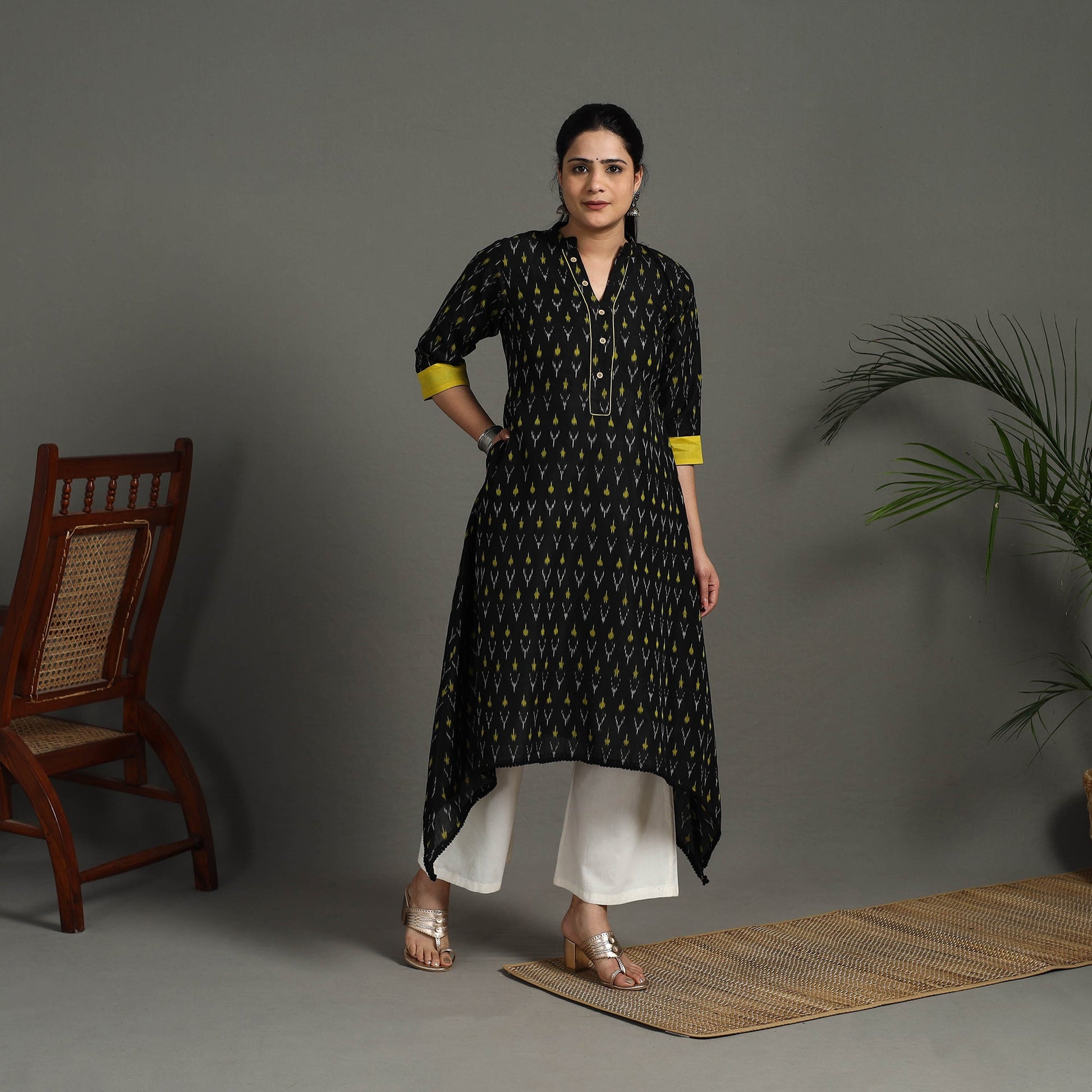 Black - Mercerised Cotton A-Line Pochampally Ikat Kurta 21