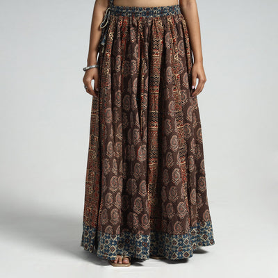 Brown - 24 Kali Patchwork Block Printed Cotton Ajrakh Skirt