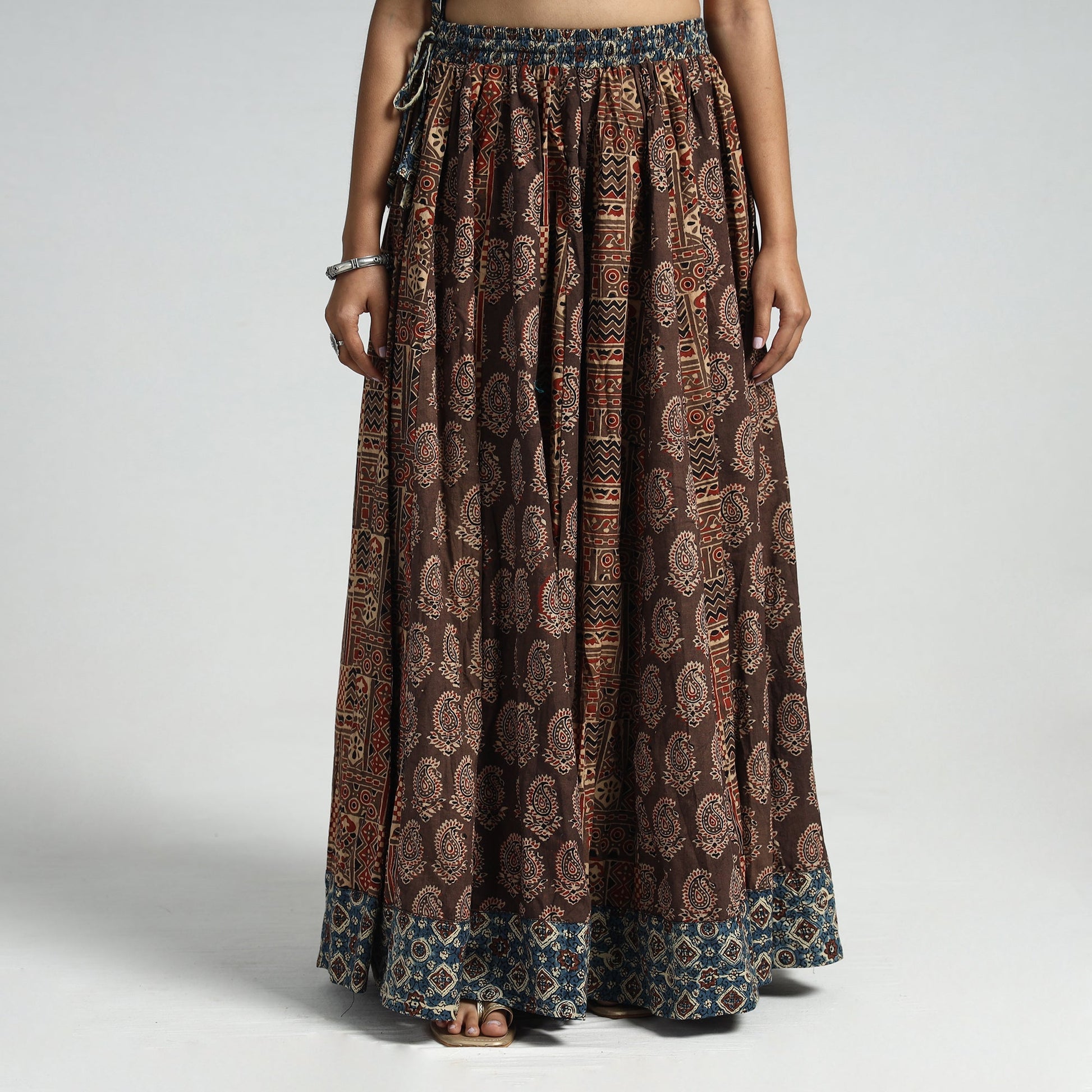 Brown - 24 Kali Patchwork Block Printed Cotton Ajrakh Skirt