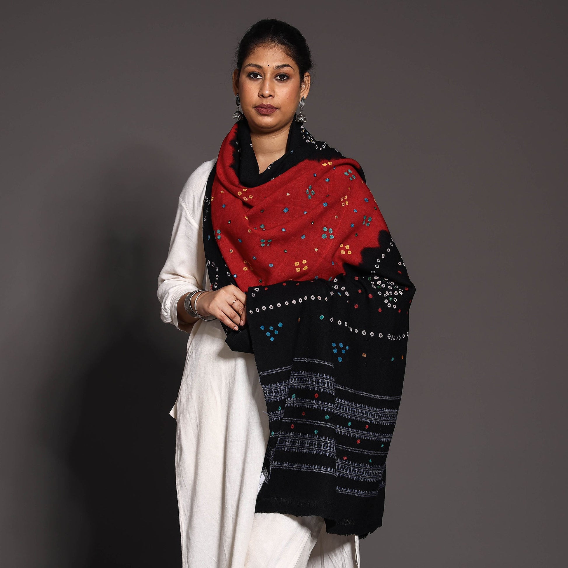 Black - Kutch Mirror Work Handwoven Bandhani Tie-Dye Woolen Shawl