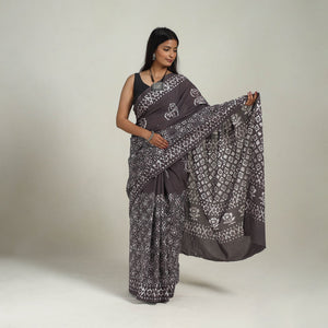 Brown - Cotton Hand Batik Print Saree 07