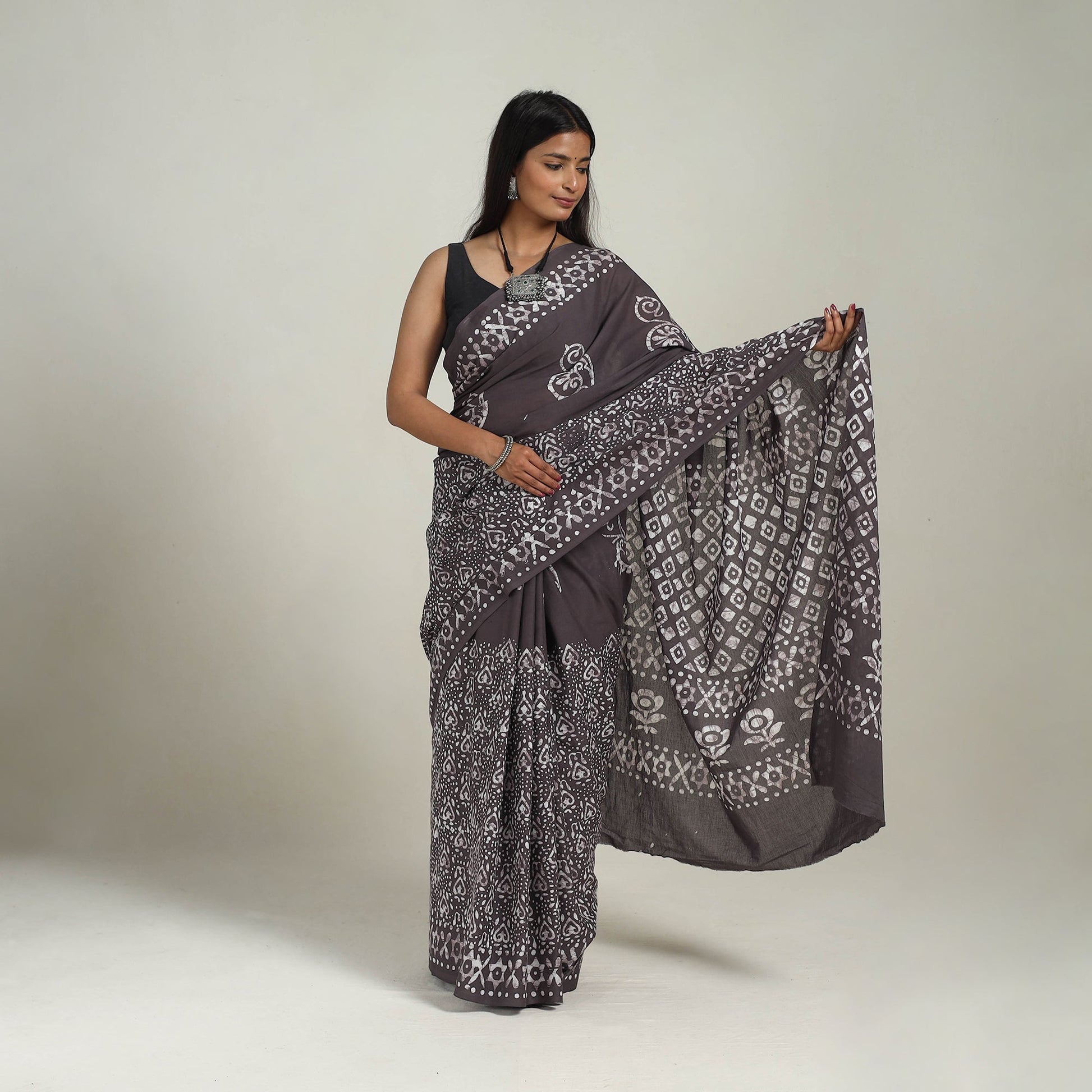 Brown - Cotton Hand Batik Print Saree 07