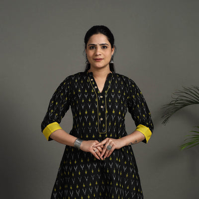 Black - Mercerised Cotton A-Line Pochampally Ikat Kurta 21