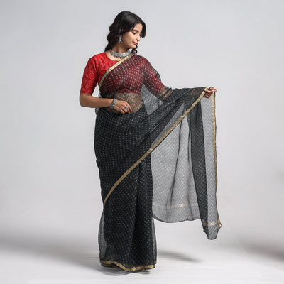 Black - Leheriya Tie-Dye Mothra Kota Doria Silk Saree