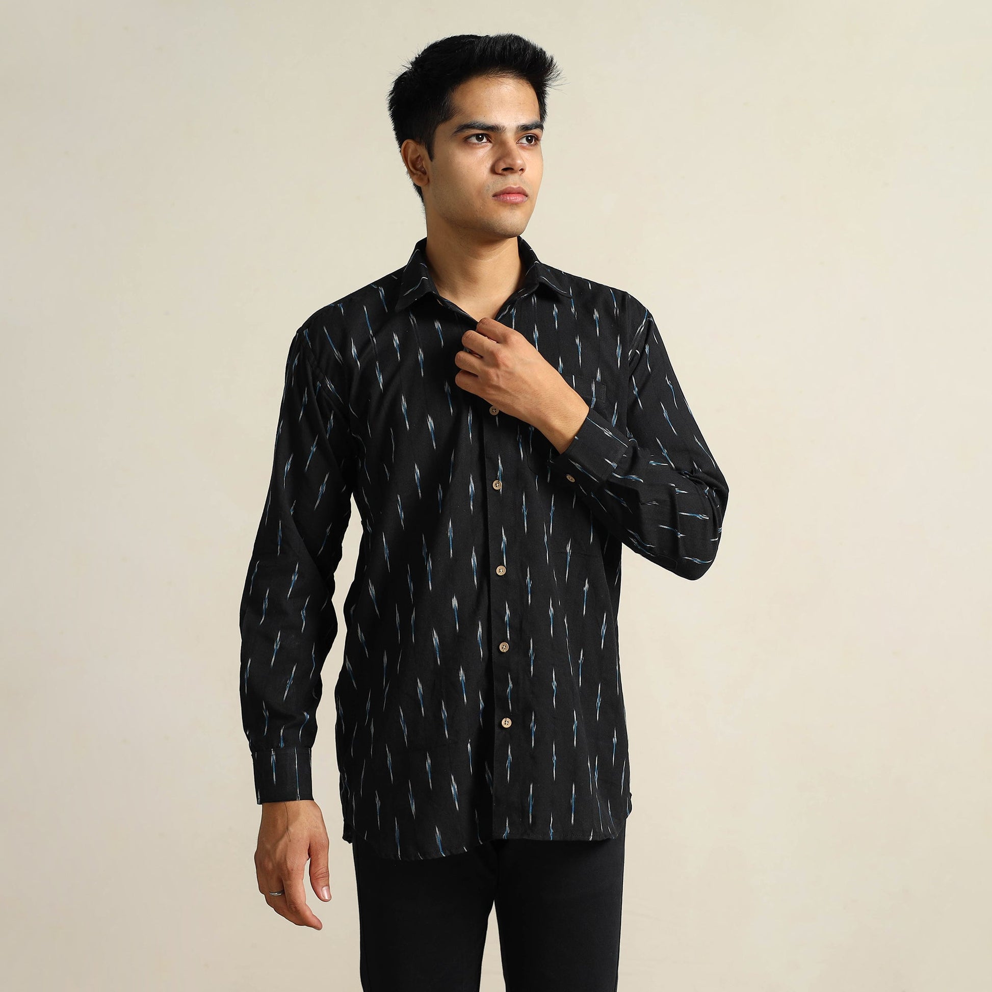 Black - Pochampally Ikat Weave Cotton Men Full Sleeve Shirt 25