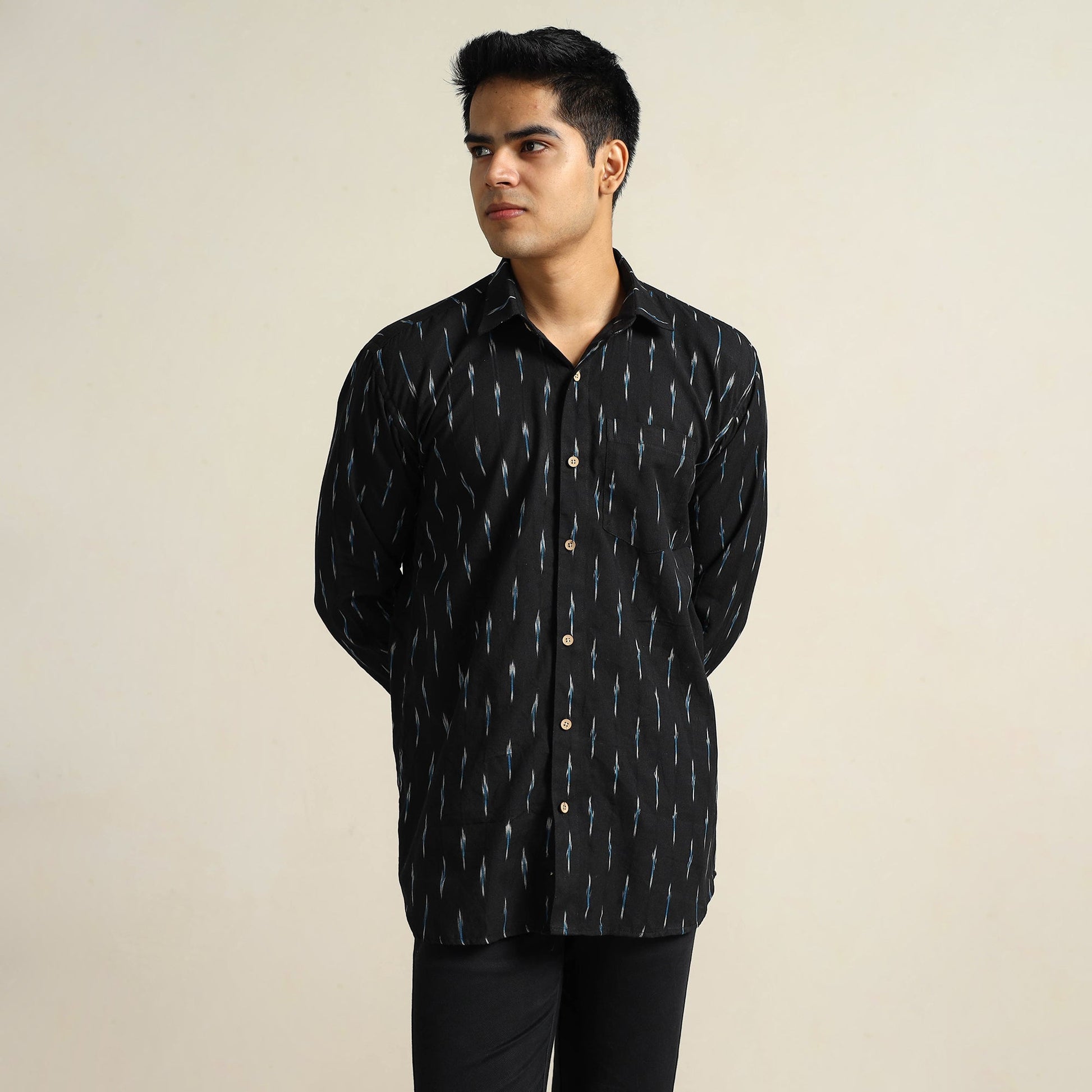 Black - Pochampally Ikat Weave Cotton Men Full Sleeve Shirt 25