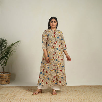 Beige - Printed Cotton A-Line Kalamkari Kurta 13