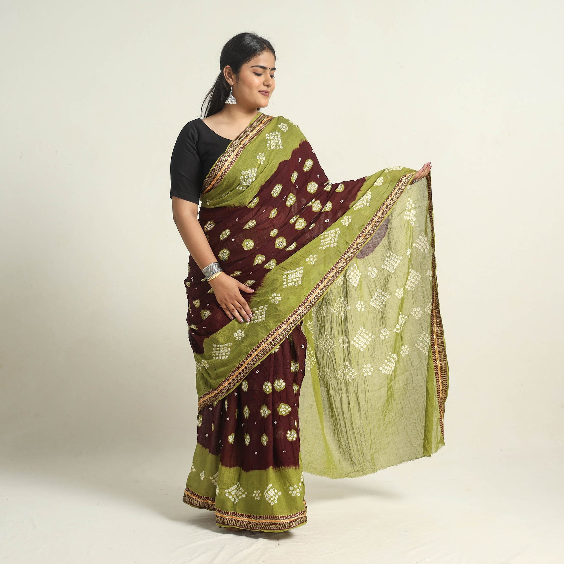 Brown - Kutch Tie-Dye Cotton Bandhani Saree with Blouse Piece 22