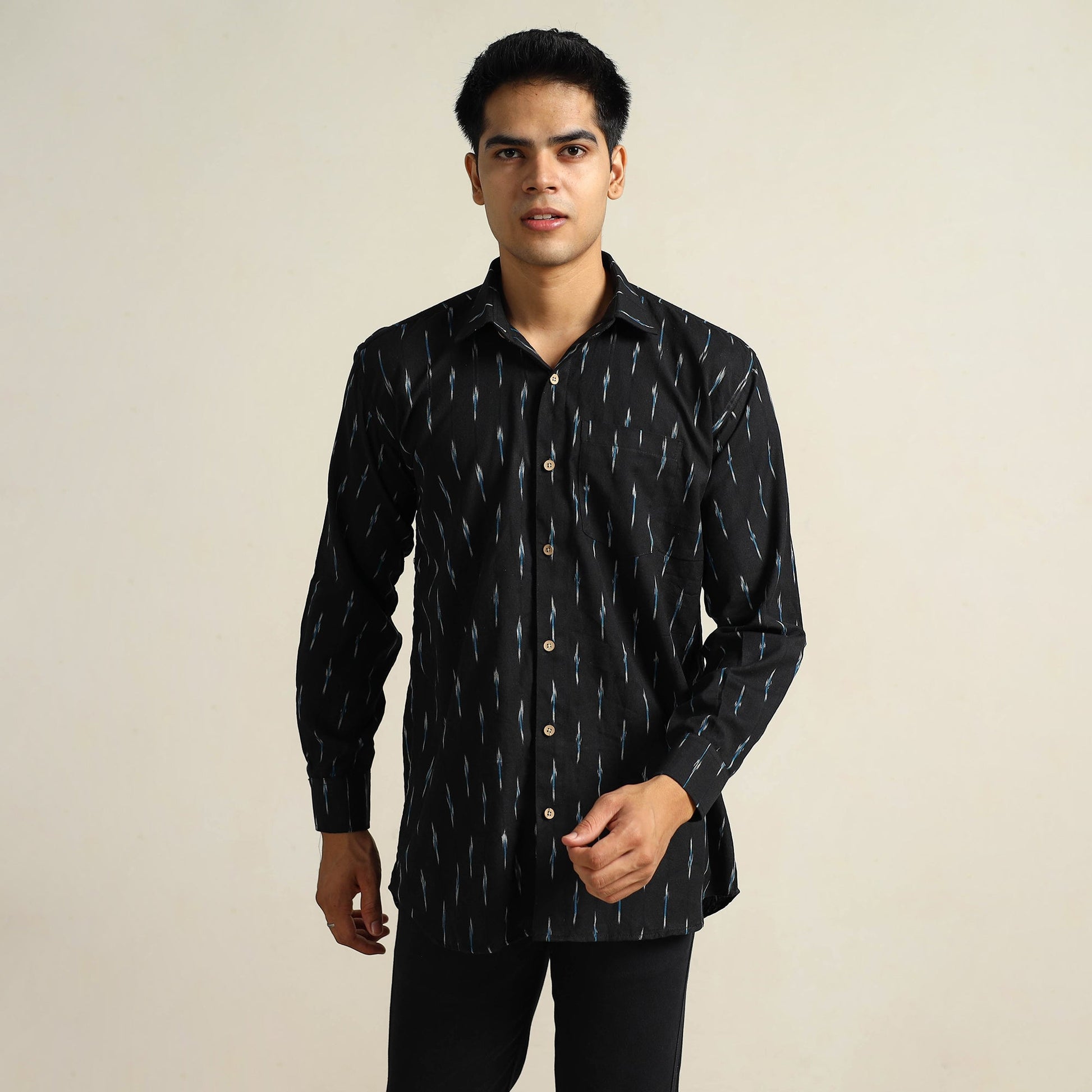 Black - Pochampally Ikat Weave Cotton Men Full Sleeve Shirt 25