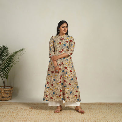 Beige - Printed Cotton A-Line Kalamkari Kurta 13