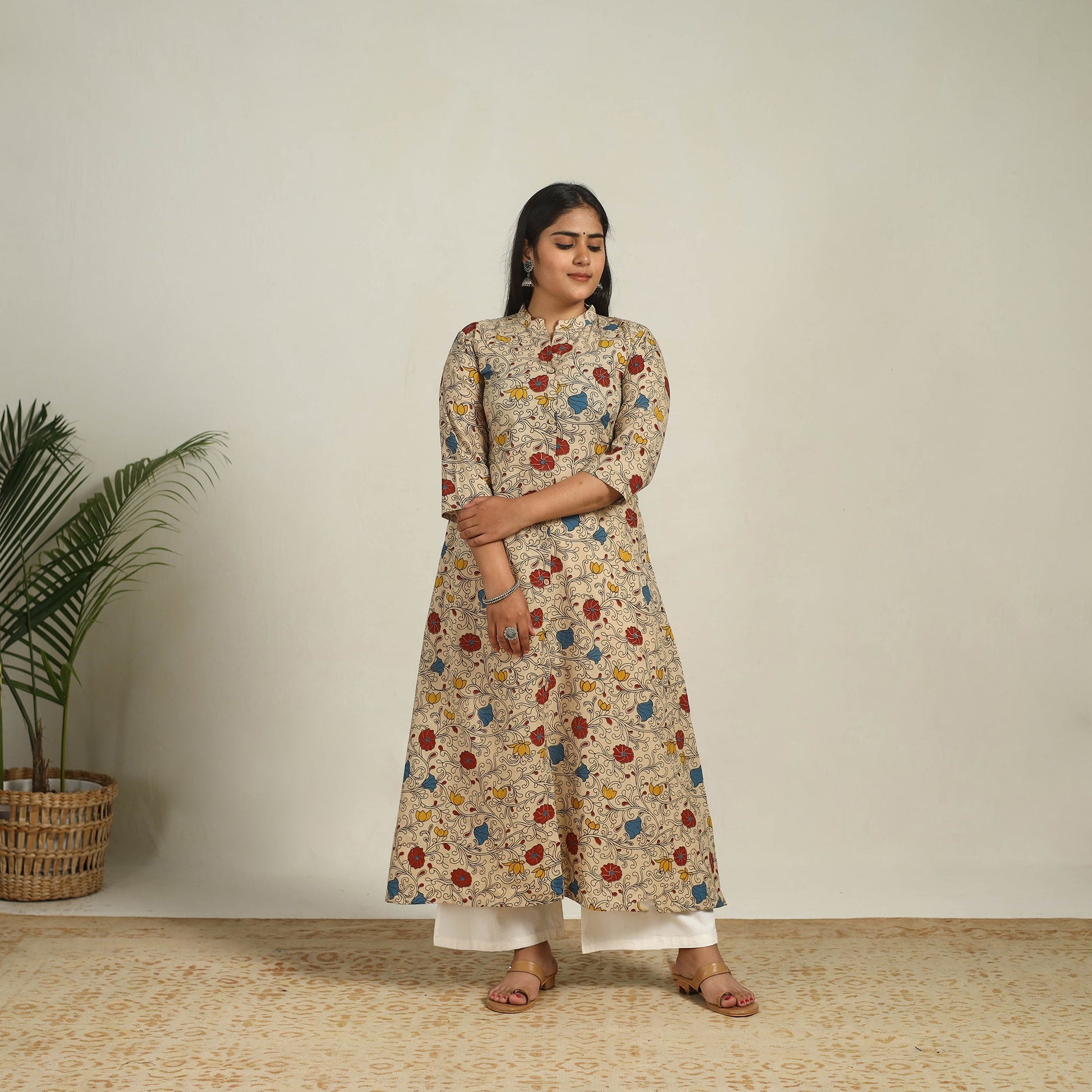 Beige - Printed Cotton A-Line Kalamkari Kurta 13