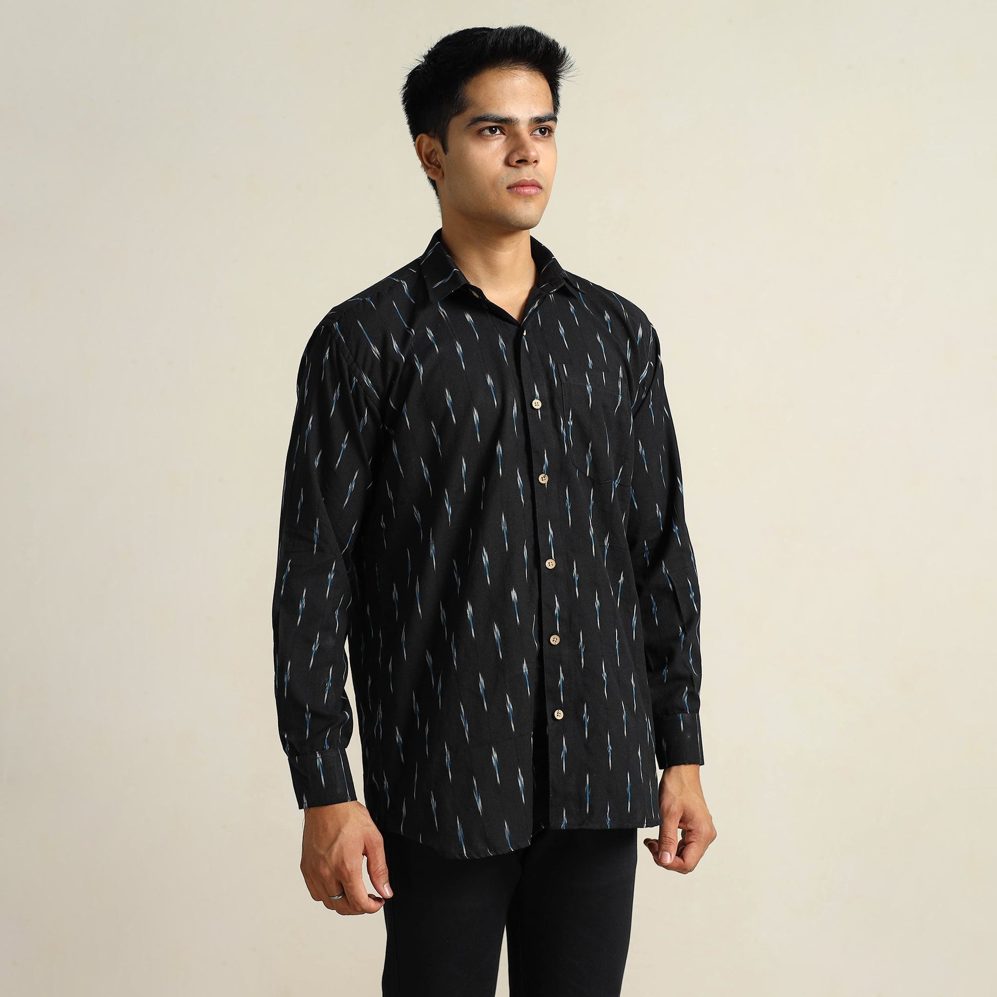 Black - Pochampally Ikat Weave Cotton Men Full Sleeve Shirt 25