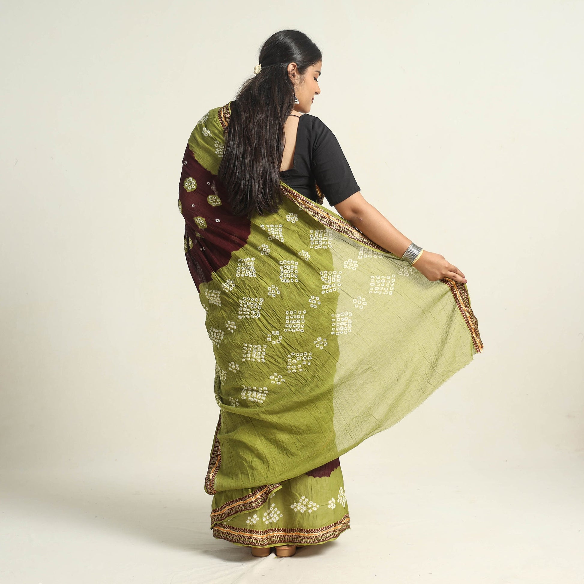 Brown - Kutch Tie-Dye Cotton Bandhani Saree with Blouse Piece 22