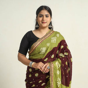 Brown - Kutch Tie-Dye Cotton Bandhani Saree with Blouse Piece 22