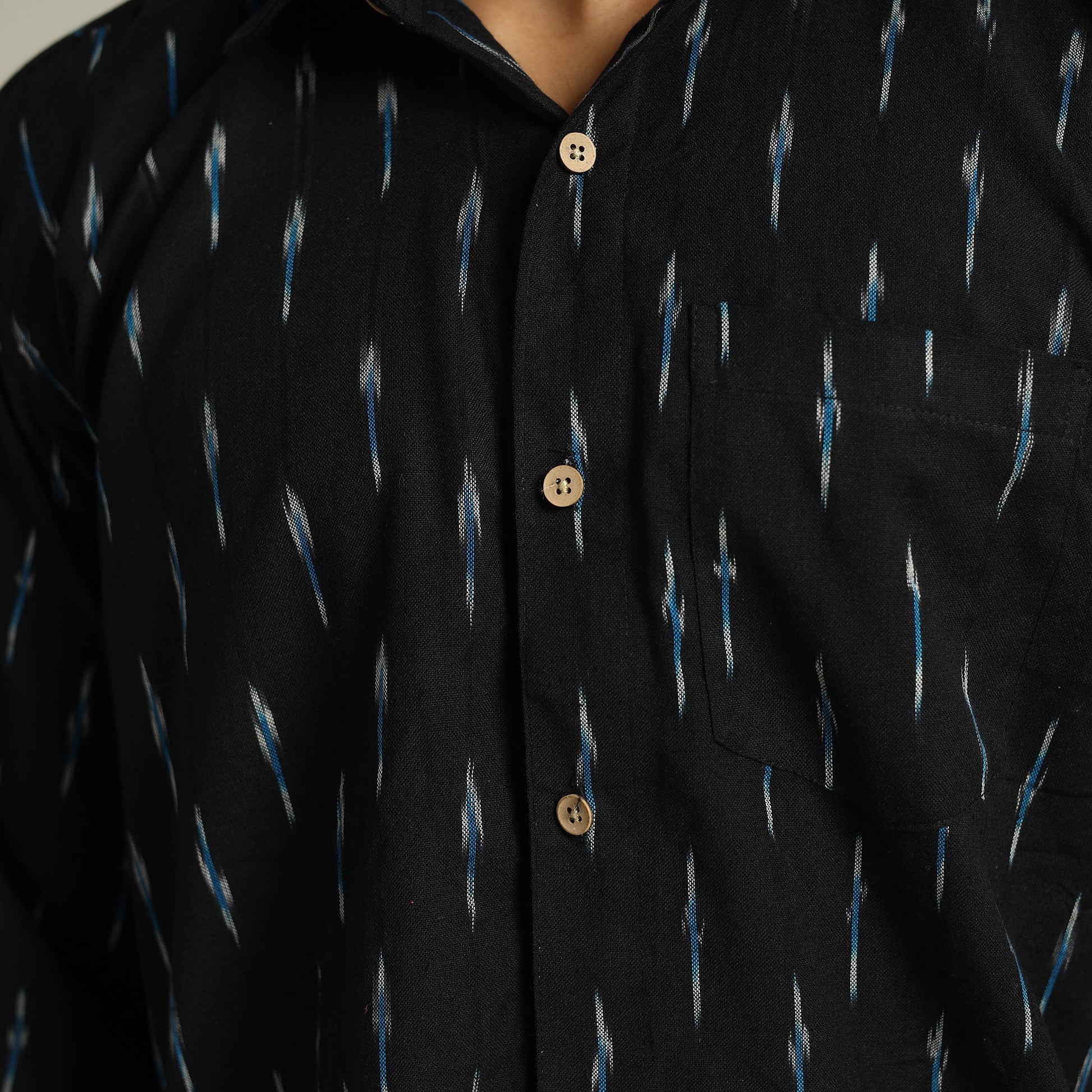 Black - Pochampally Ikat Weave Cotton Men Full Sleeve Shirt 25
