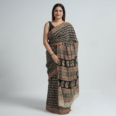 Black - Pedana Block Print Cotton Kalamkari Saree  04