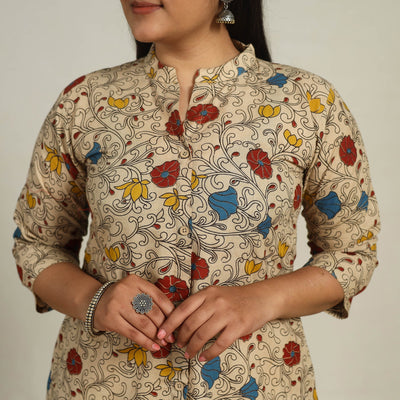Beige - Printed Cotton A-Line Kalamkari Kurta 13