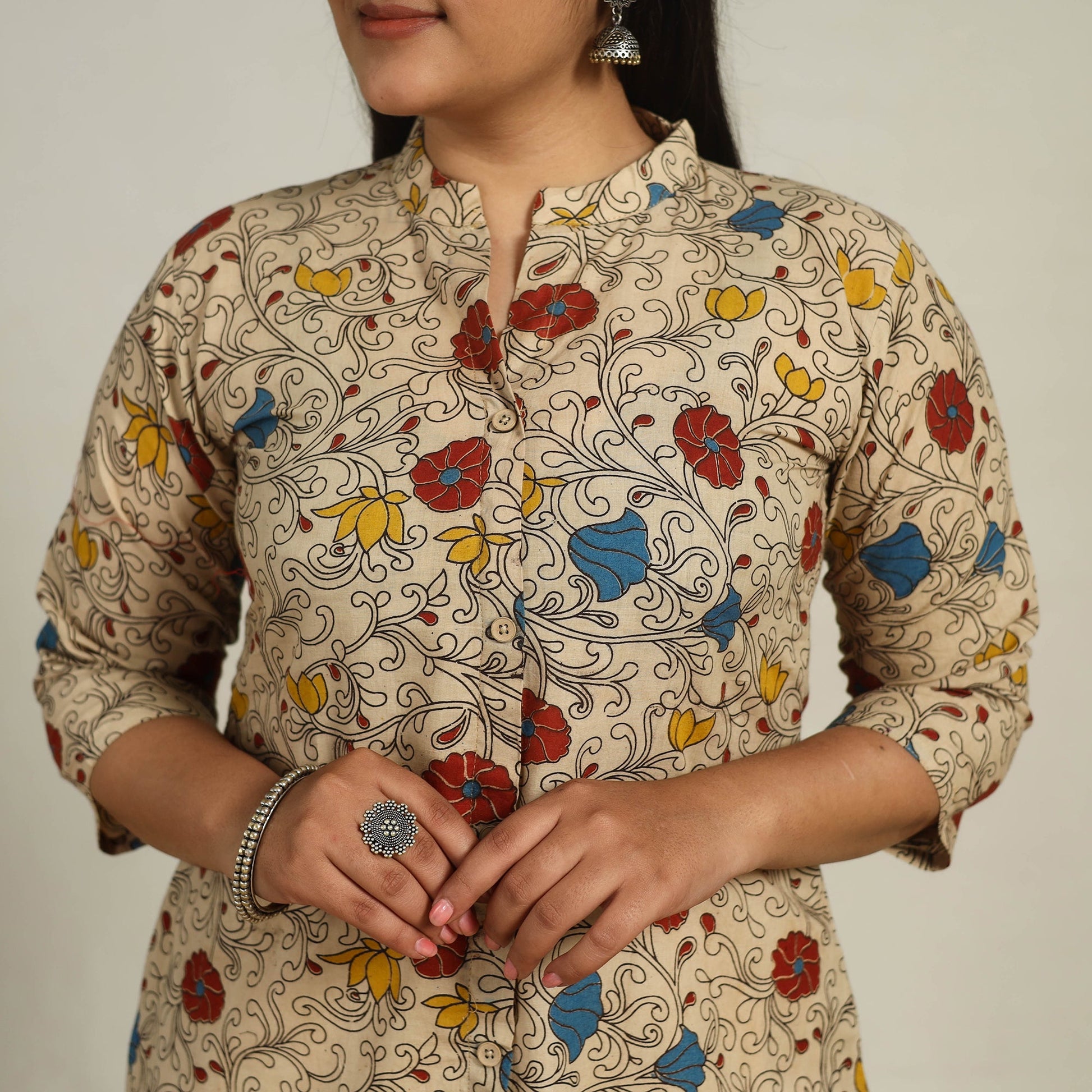 Beige - Printed Cotton A-Line Kalamkari Kurta 13