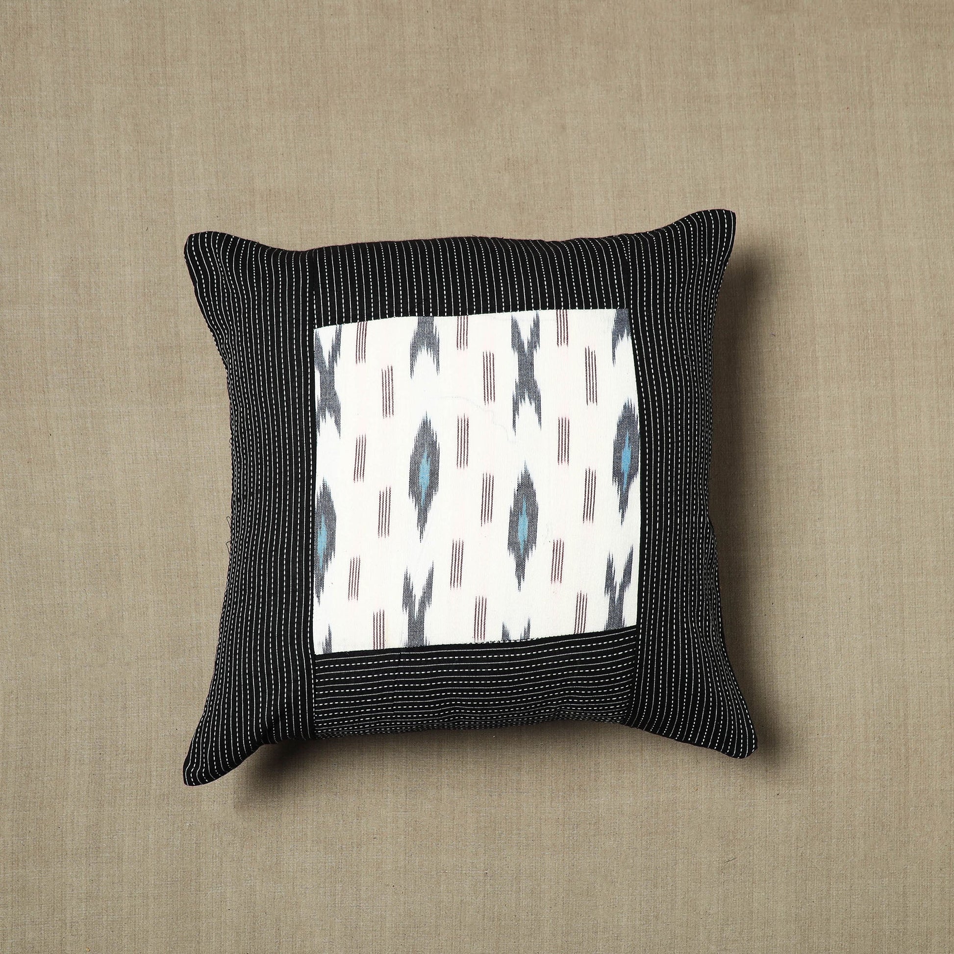 Black - Pure Cotton Kantha Stitch Ikat Cushion Cover (16 x 16 in) 05