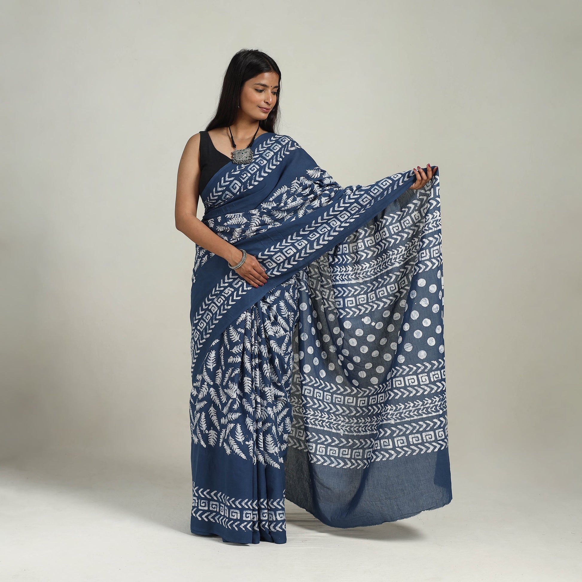 Blue - Cotton Hand Batik Print Saree 08