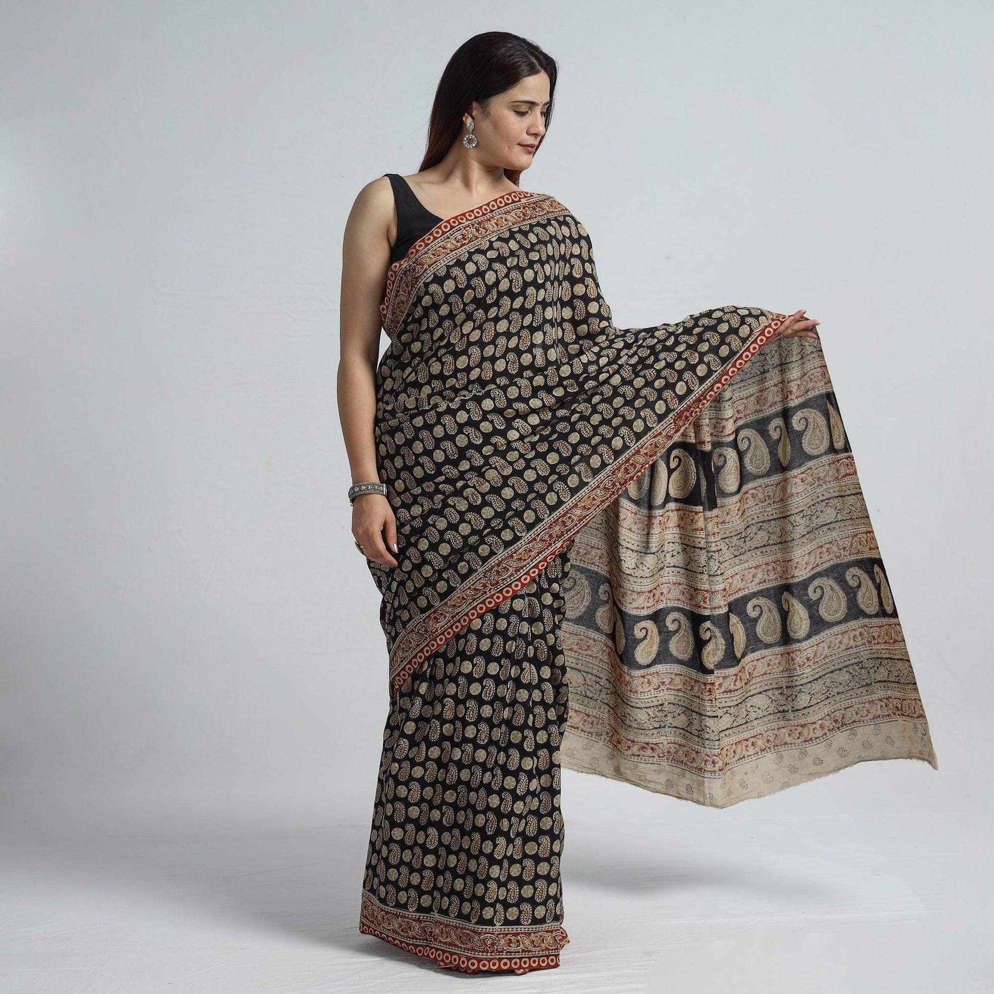 Black - Pedana Block Print Cotton Kalamkari Saree  04