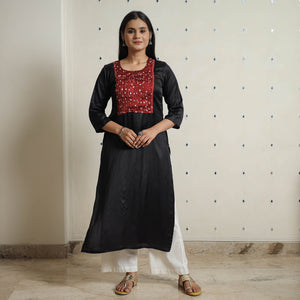 Black - Plain Modal Silk Straight Kurta with Bandhani Pintuck Patchwork 05