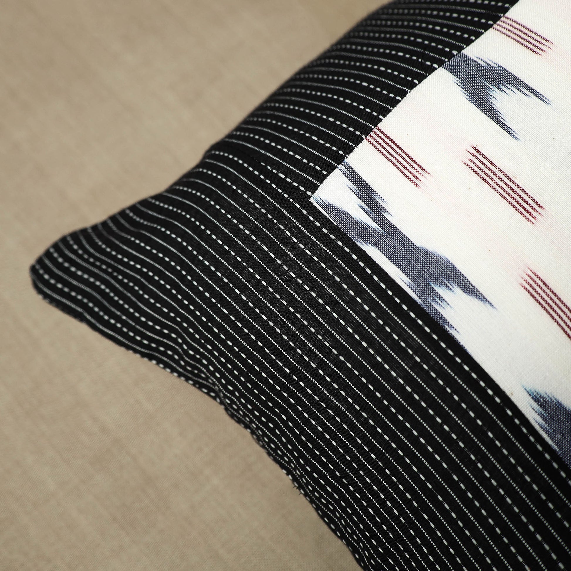 Black - Pure Cotton Kantha Stitch Ikat Cushion Cover (16 x 16 in) 05