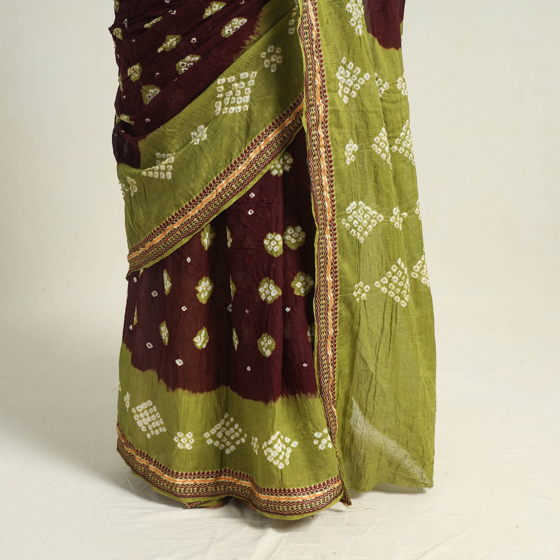 Brown - Kutch Tie-Dye Cotton Bandhani Saree with Blouse Piece 22