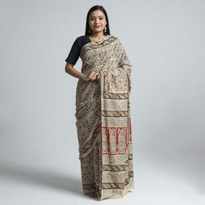 Beige - Pedana Block Print Cotton Kalamkari Saree
