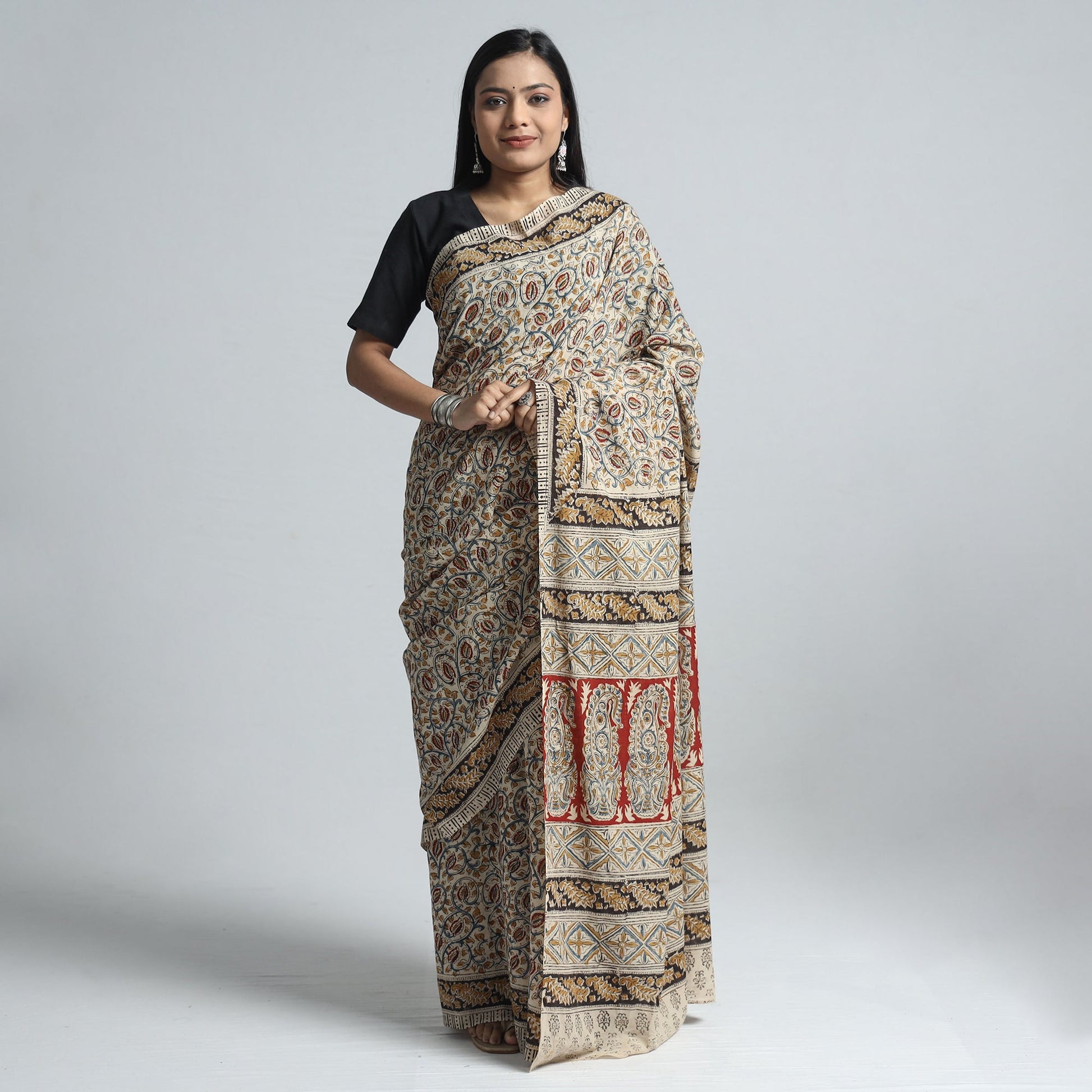 Beige - Pedana Block Print Cotton Kalamkari Saree