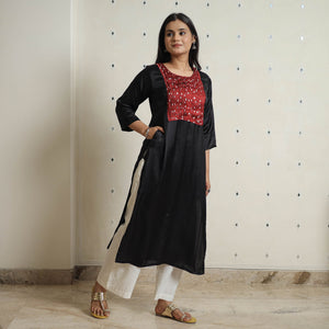 Black - Plain Modal Silk Straight Kurta with Bandhani Pintuck Patchwork 05