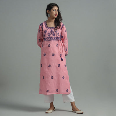Baby Pink Chikankari Hand Embroidered Cotton Long Kurta