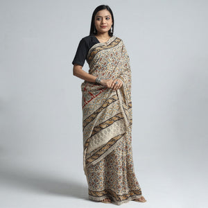 Beige - Pedana Block Print Cotton Kalamkari Saree
