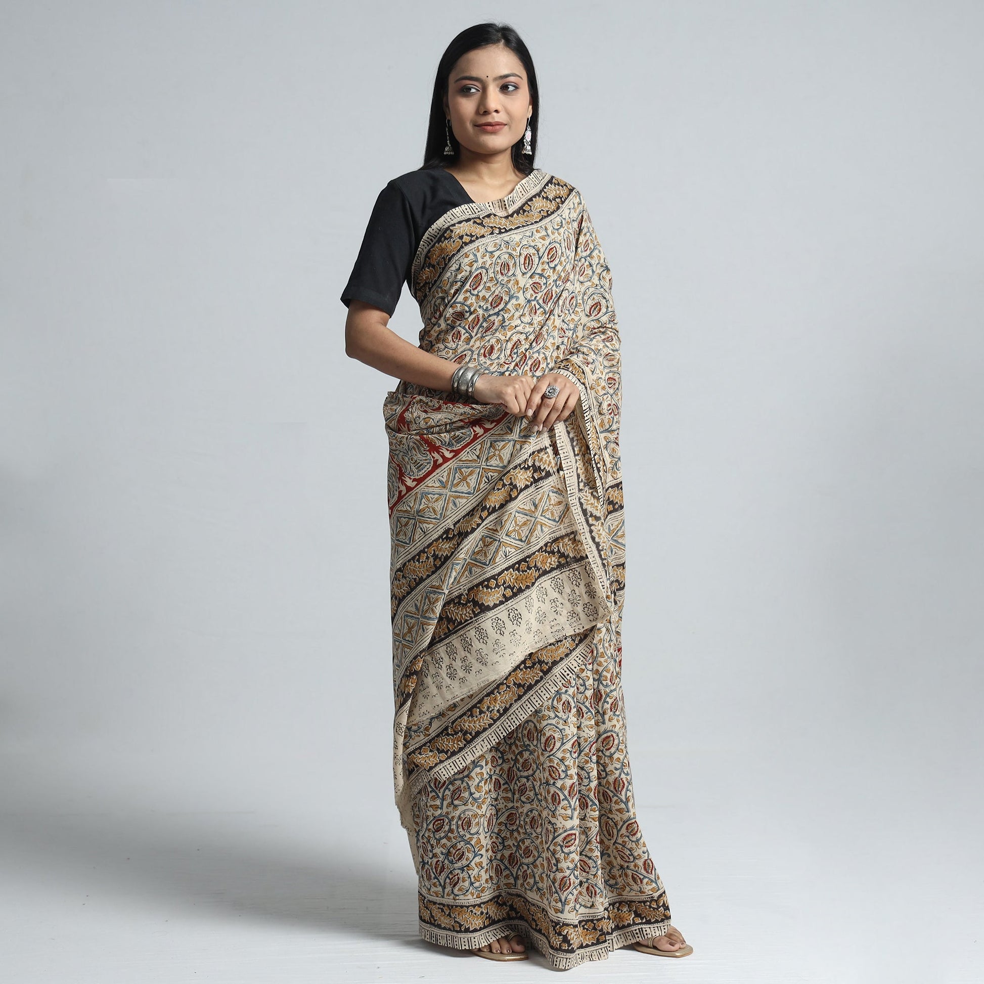 Beige - Pedana Block Print Cotton Kalamkari Saree