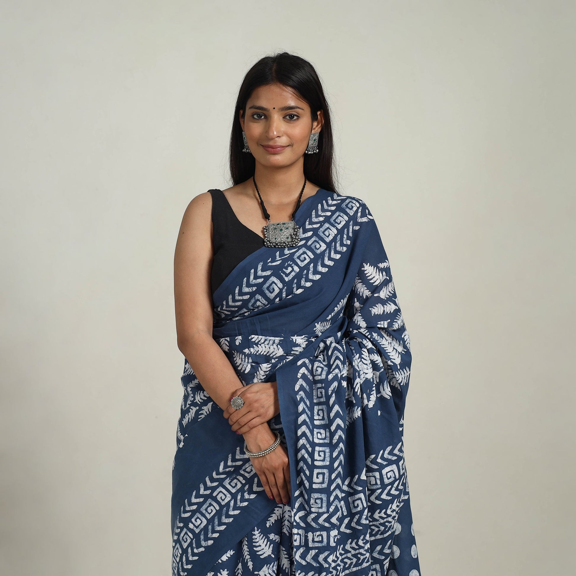 Blue - Cotton Hand Batik Print Saree 08