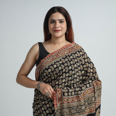 Black - Pedana Block Print Cotton Kalamkari Saree  04