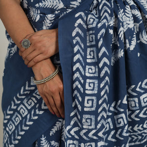 Blue - Cotton Hand Batik Print Saree 08