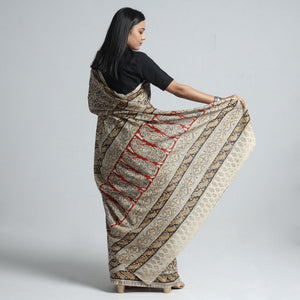 Beige - Pedana Block Print Cotton Kalamkari Saree