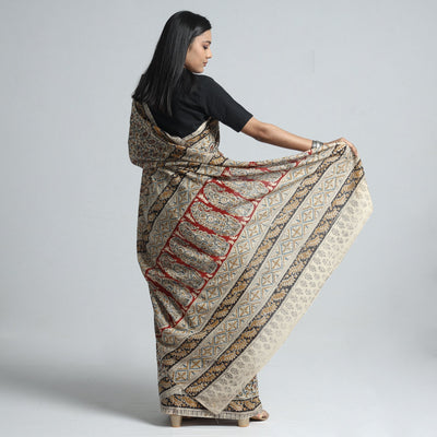 Beige - Pedana Block Print Cotton Kalamkari Saree