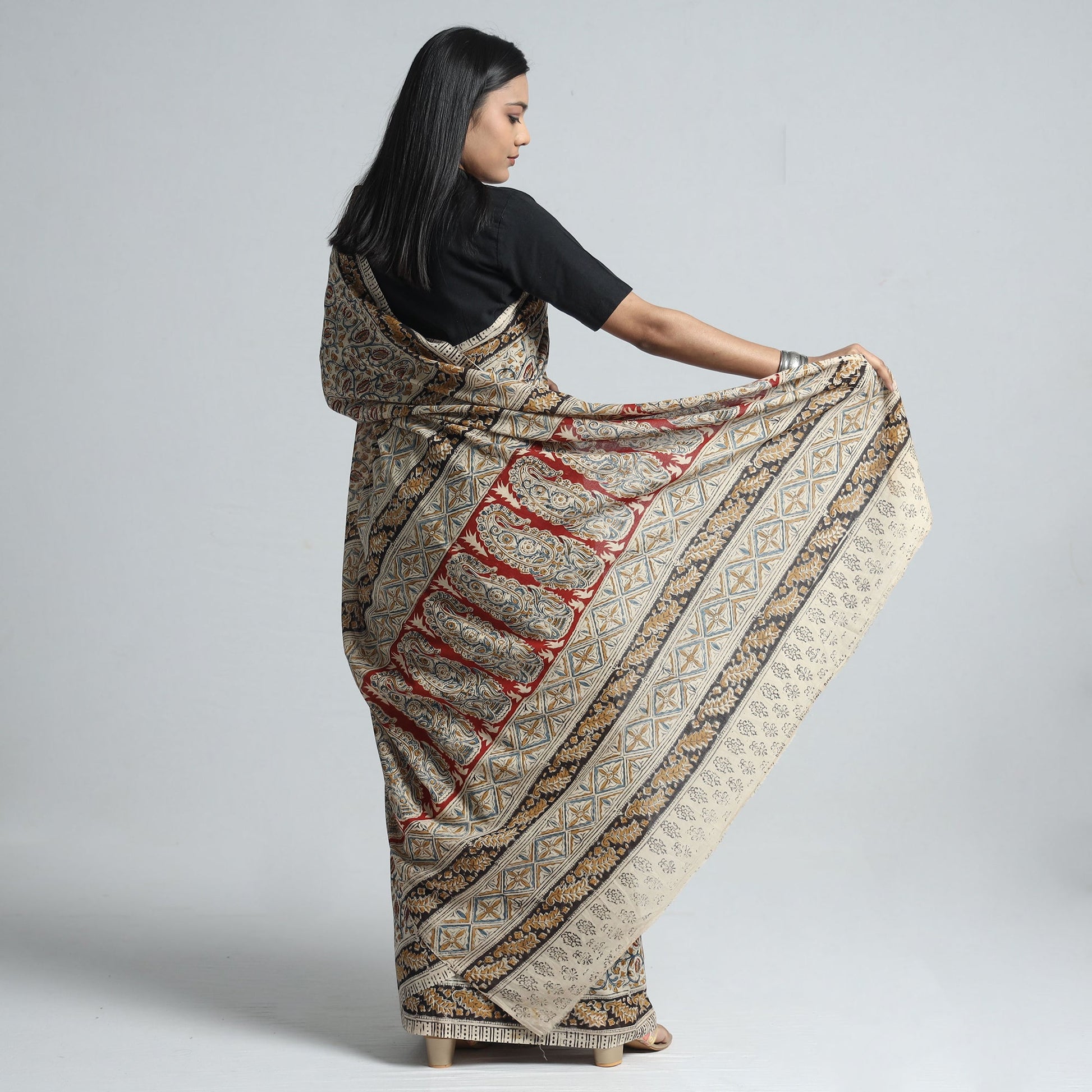 Beige - Pedana Block Print Cotton Kalamkari Saree