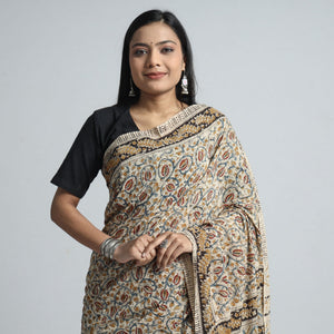 Beige - Pedana Block Print Cotton Kalamkari Saree