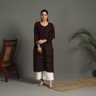 Brown - Mercerised Cotton Straight Pochampally Ikat Kurta 12