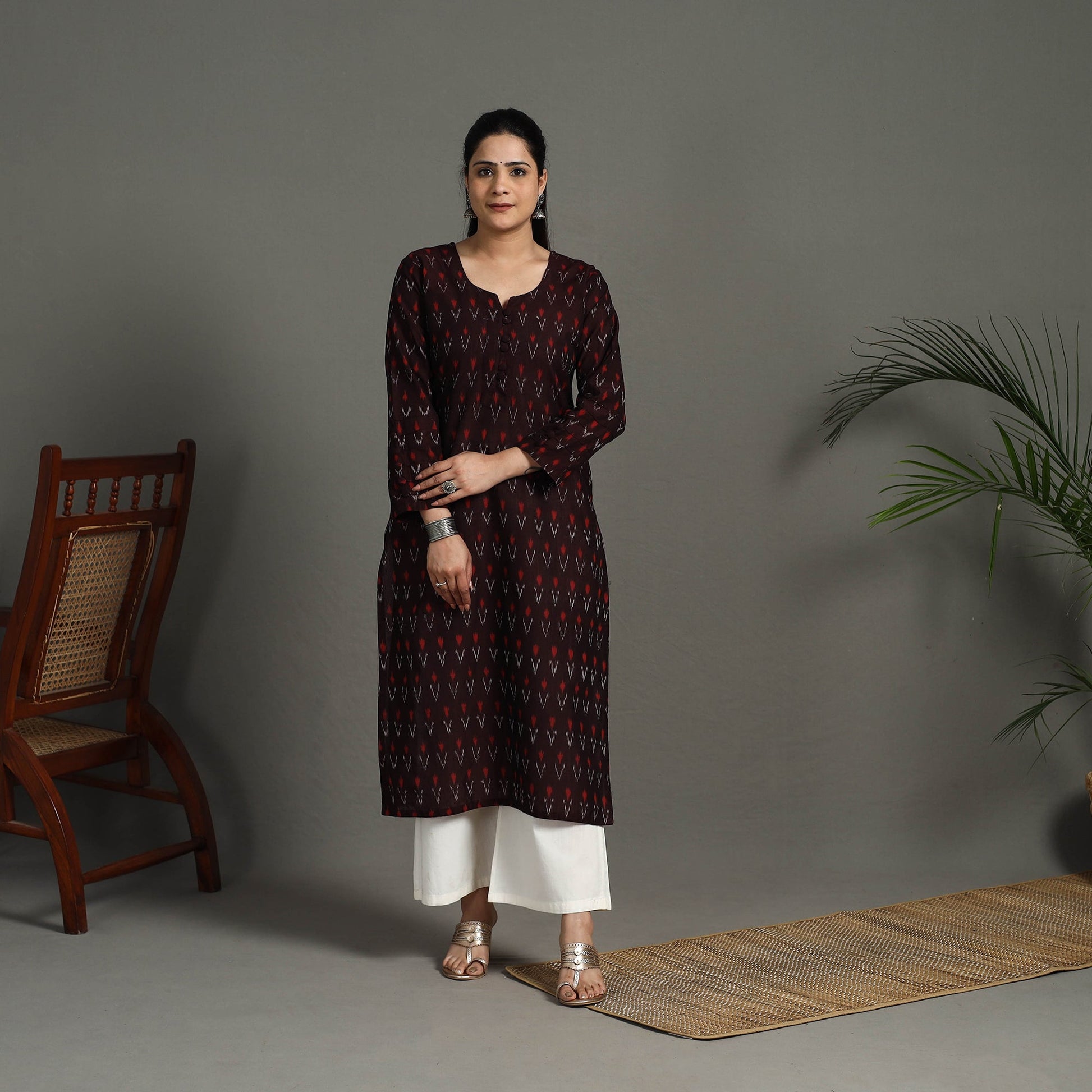 Brown - Mercerised Cotton Straight Pochampally Ikat Kurta 12