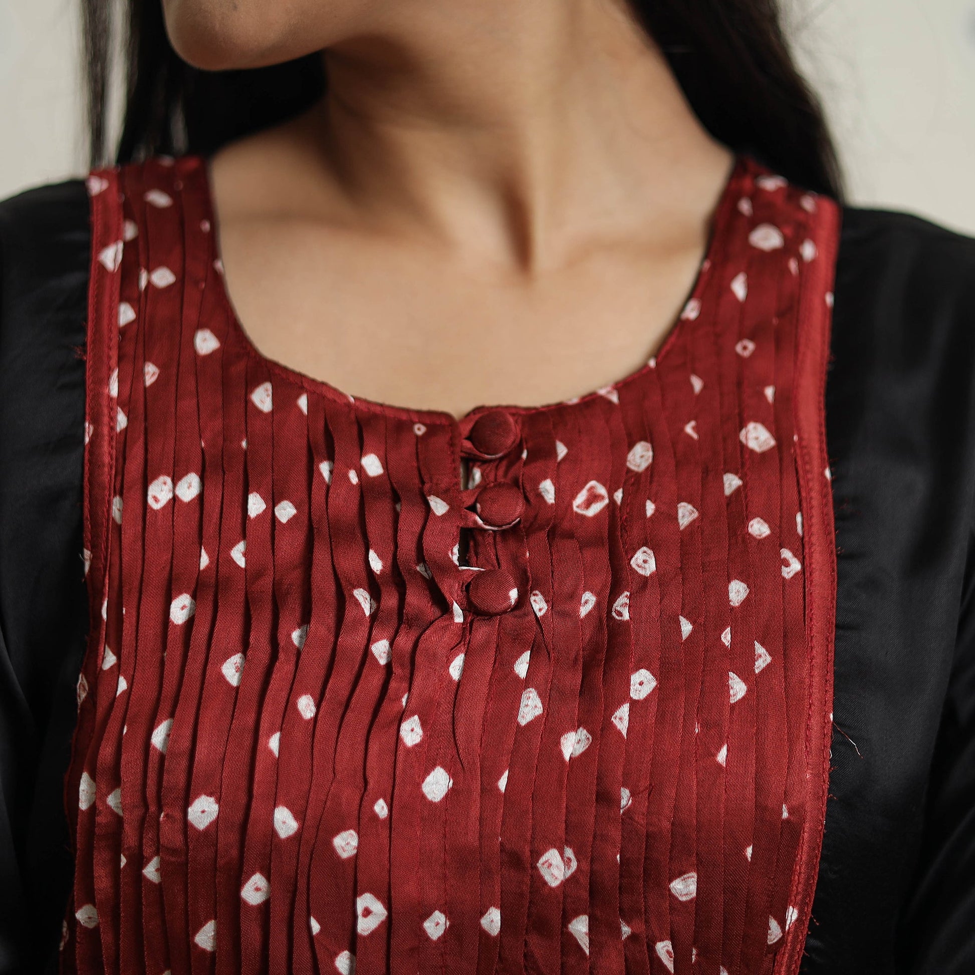 Black - Plain Modal Silk Straight Kurta with Bandhani Pintuck Patchwork 05