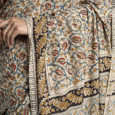 Beige - Pedana Block Print Cotton Kalamkari Saree